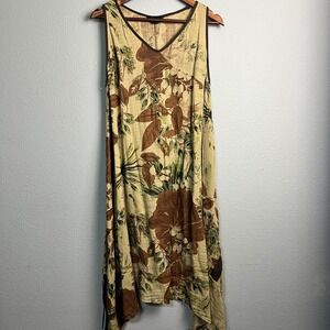 Peacock Ways Natural Hippie Floral Print Festival Tank Dress Earth Tone Artsy Lg